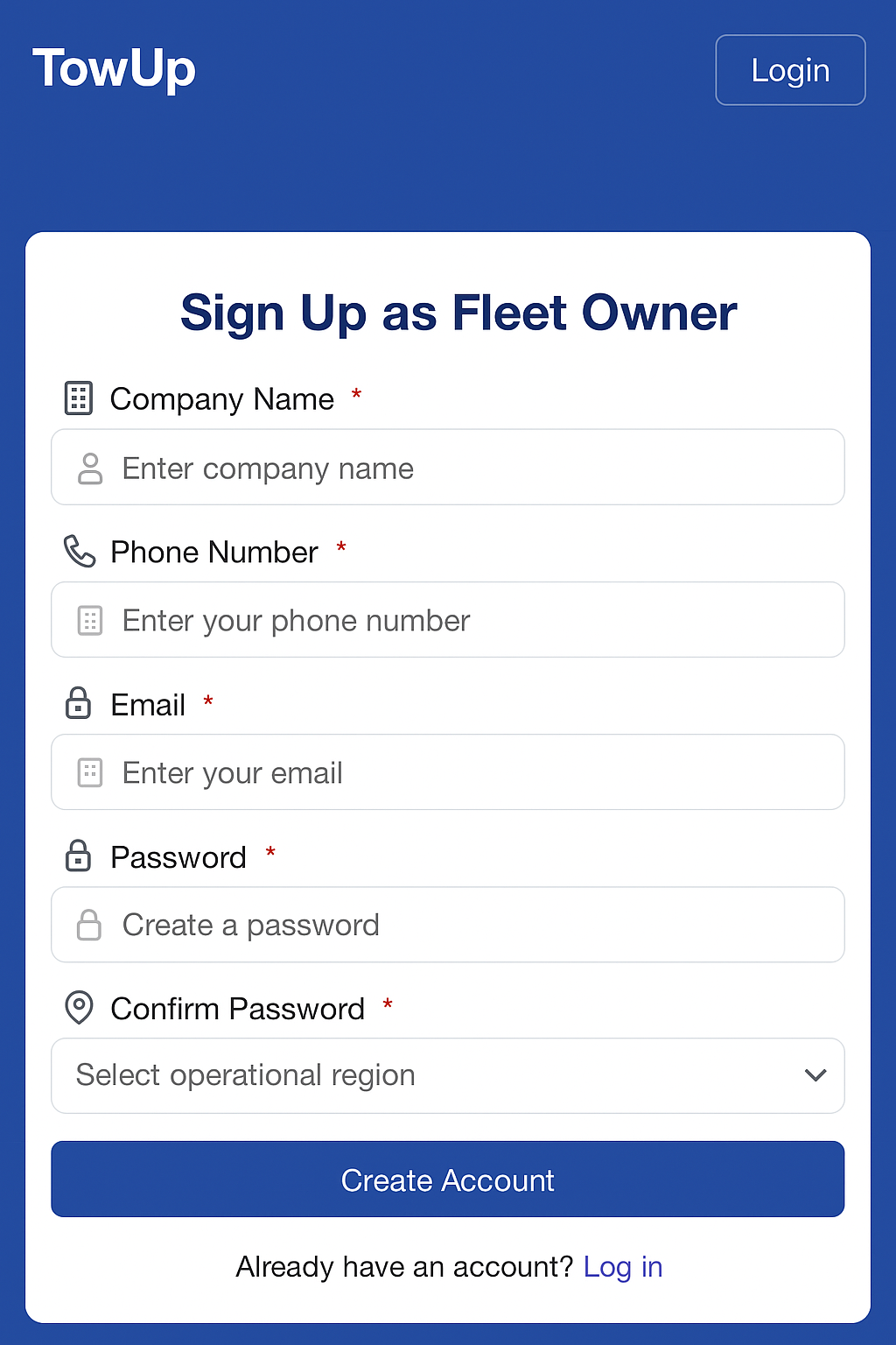 TowUp Mobile App - 1. Sign Up & Verification